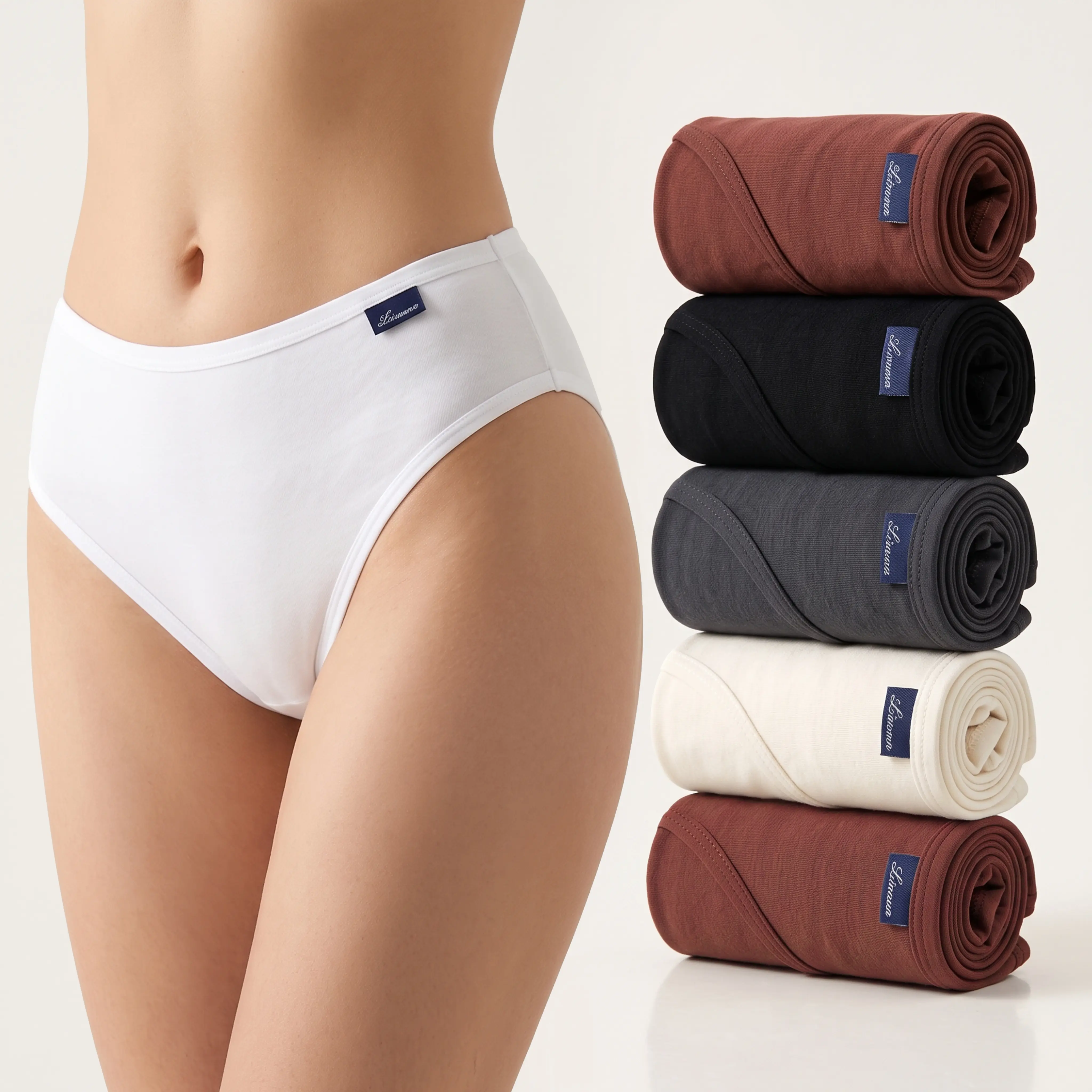 Women's 5-Pack Stretchy Cotton-Elastane Panties, Comfy V-Waist Solid Color Mid-Rise Breathable Underwear with Elastic Waistband for Everyday Wear (2 Brown+Black+White+Dark Gray), Essential Pieces