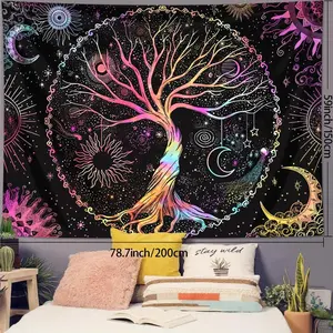 Tree Of Life Pattern Tapestry, 1 Count/2 Counts Bohemian Style Wall Hanging, Fantasy Starry Sky Moon Phase Sun Tapestry, Bedroom Aesthetic Wall Art, Decor