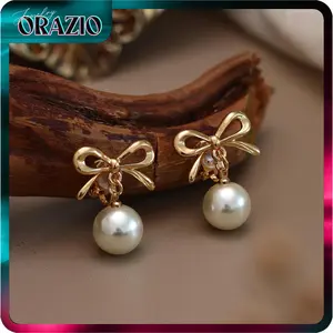 ORAZIO Clip On Earrings for Women - Pearl Drop Dangle Earrings with Bow Heart CZ - Lightweight Hoop Earrings for Non-Pierced Ears Gold Silver Finish Jewelry for Weddings Parties
