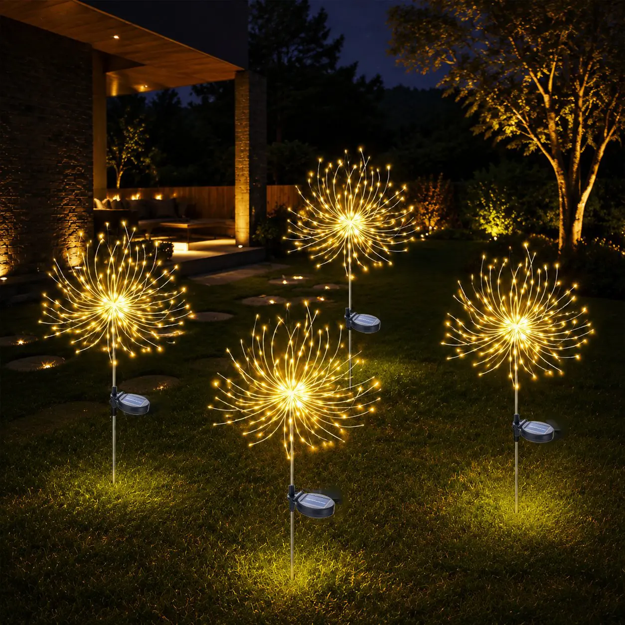 Outdoor Solar Firework Lights, 4 or 8 Pack Waterproof Garden Stake Lights, Automatic Dusk-to-Dawn Glow, 480 or 960 LEDs Total for Yard, Patio, Pathway, Walkway & Landscape Decor