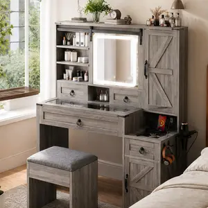 ARCH Farmhouse Vanity Desk Set with Sliding LED Mirror, Lights, Charging Station, Glass Top, 4 Drawers, 2 Cabinets, Stool, Gray/White Wood Dressing Table for Bedroom Makeup Room, Multiple Color Options, Gray/White Color Options, Wood Material