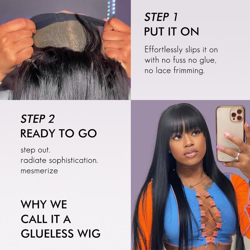 Straight Wigs Human Hair with Bangs 180% Density Brazilian Virgin Human Hair Wigs for Women Glueless Wigs Human Hair Machine Made None Lace Front Wigs Natural