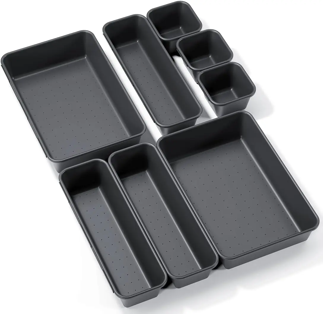 8PCS Plastic Drawer Organizer Trays, Interlocking Drawer Dividers in 3 Sizes, Storage Bins for Kitchen, Office, Makeup, Jewelry, Bathroom and Desk Organization