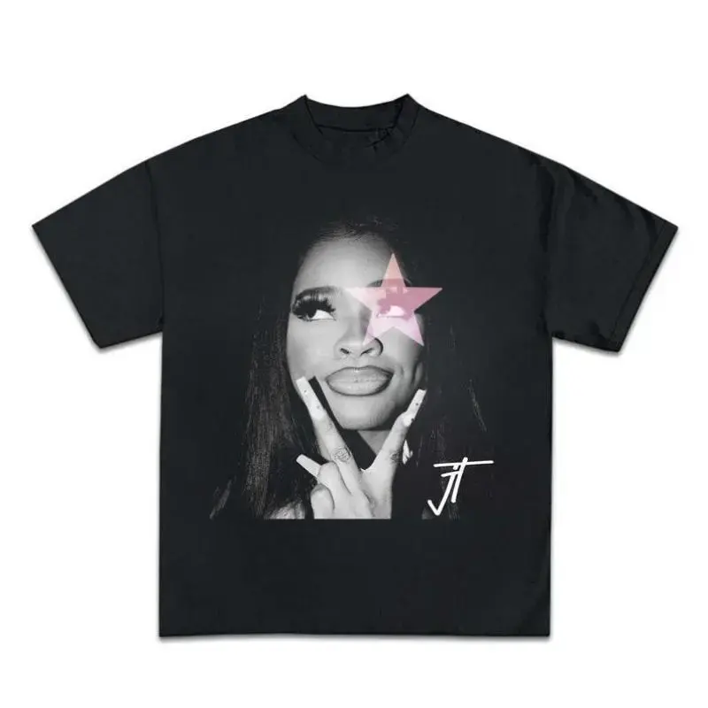 Men's Vintage Black 100% Cotton Crew Neck Short Sleeve T-Shirt with Pink Star Graphic, Menswear Casual Streetwear Top, Round