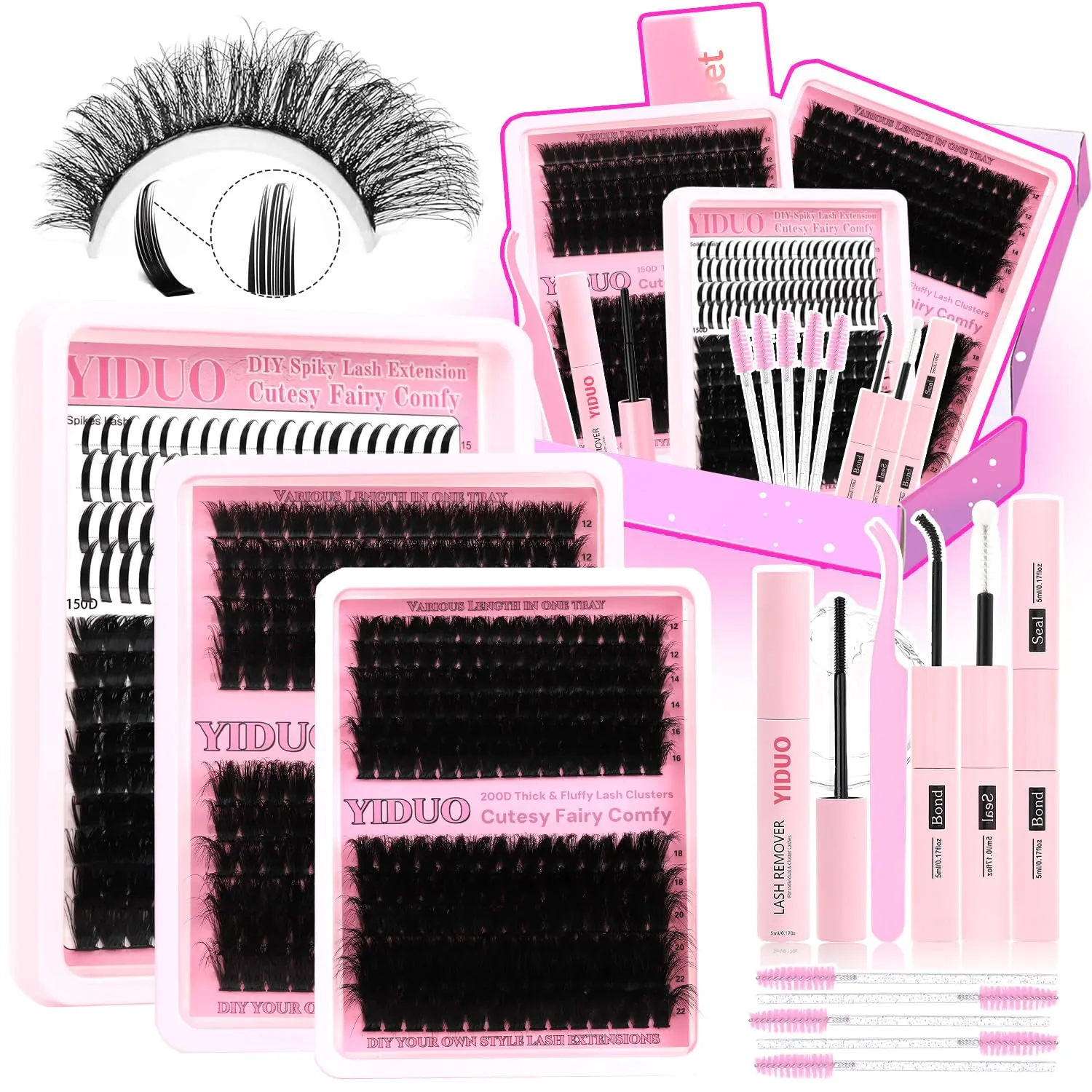 575Pcs Lashes Clusters Kit  D Curl Volume 150D+200D Thick+Spiky Lashes Extension, 12-21mm Thick Extension Eyelashes DIY Individual False Eyelash Kit DIY at Home Easily