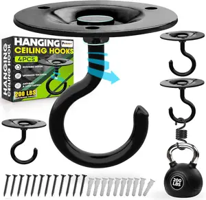 [Upgraded] 200LBS 4 count Round Ceiling Hooks with Firmly Rotatable Button, Black Wall Mount Metal Hangers for Hanging Hanging , Bird Feeder, Lantern, Lights, Wind Chime, Indoor Outdoor Decor