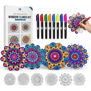 Stained Glass Mandala Art Kit - DIY Window Clings with Markers, 10 Suncatchers - Perfect Hobby for Adults, Kids, Teens & Seniors - Ideal Gift for Beginners, Women & Elderly
