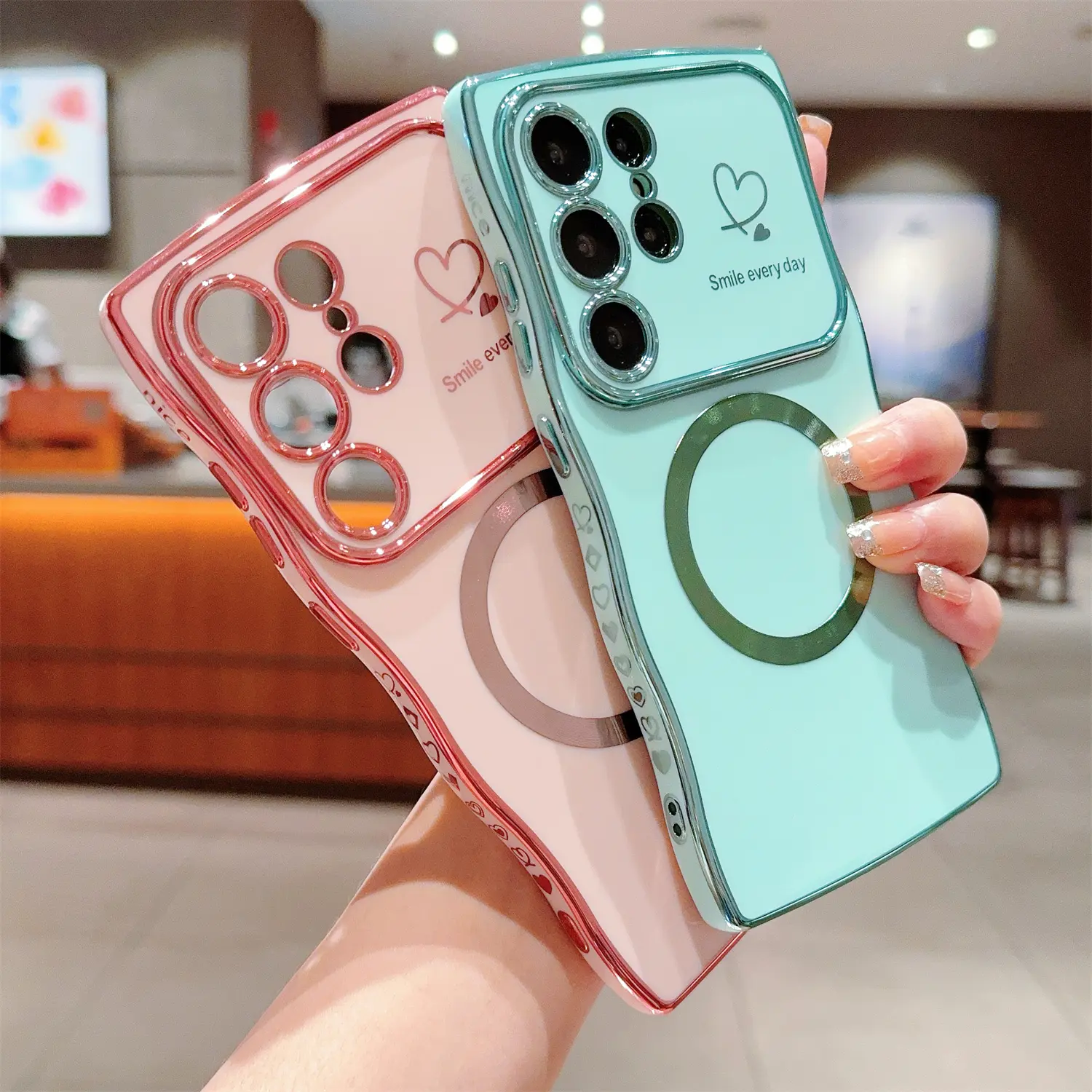 Women's TPU Magnetic Casing for Samsung Galaxy Series - MagSafe-Compatible, Shockproof, Lightweight, Wireless Charging Accessory for S26 Ultra, S25 Plus, S24, Soft Wavy Frame, Curly Shape, Shiny Love Heart Luxury Plating Back Protection