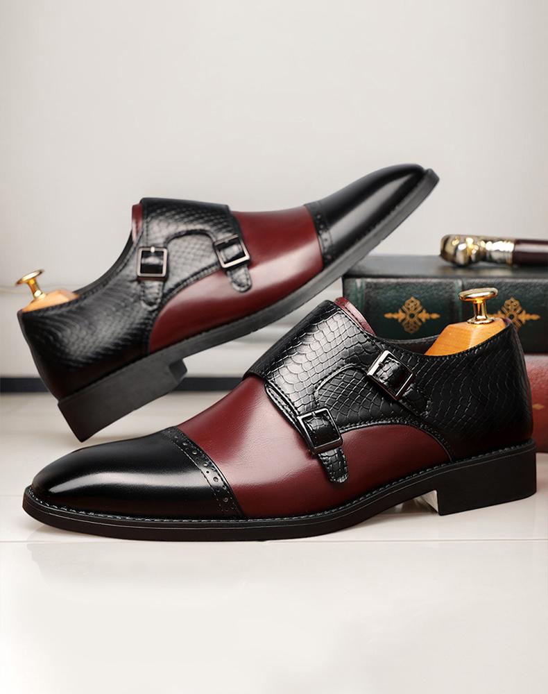 Men's Two-Tone Double Monk Strap Dress Shoes, Black & Burgundy Croc-Embossed Formal Leather Shoes97856 Men's Two-Tone Double Monk Strap Dress Shoes, Black & Burgundy Croc-Embossed Formal Leather Shoes97856