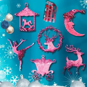 Pink Winter Set Handmade Resin Christmas Ornament Collection Featuring Glittery Carousel Reindeer & Moon Designs for Festive Holiday Decor