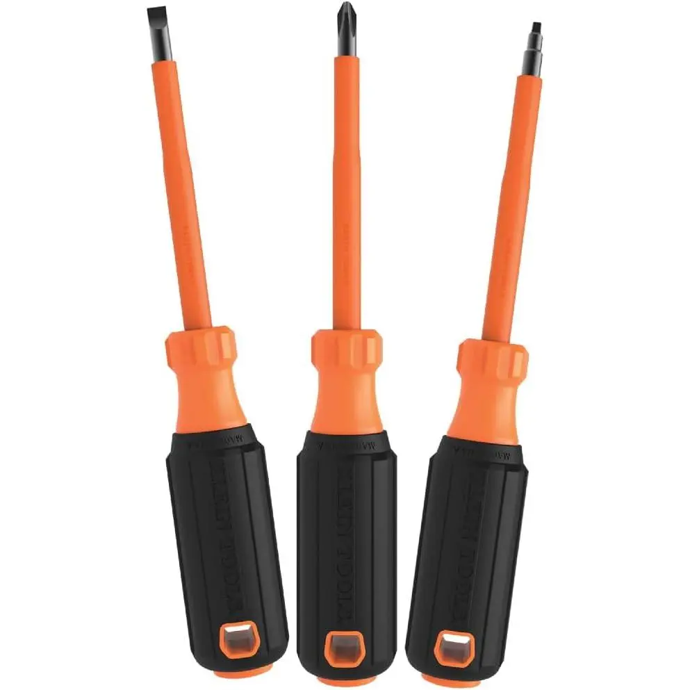 Klein Tools 85073INS Insulated Screwdriver Set, Made in USA, features 1000V Phillips, Slotted and Square Tips, Cushion Grip Handles, 3-Piece