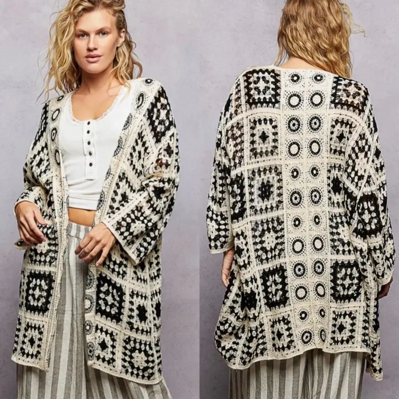 POL Women's 3/4-Sleeve Granny Square Crochet Open Cardigan, Casual Lightweight Outerwear for Daily Wear