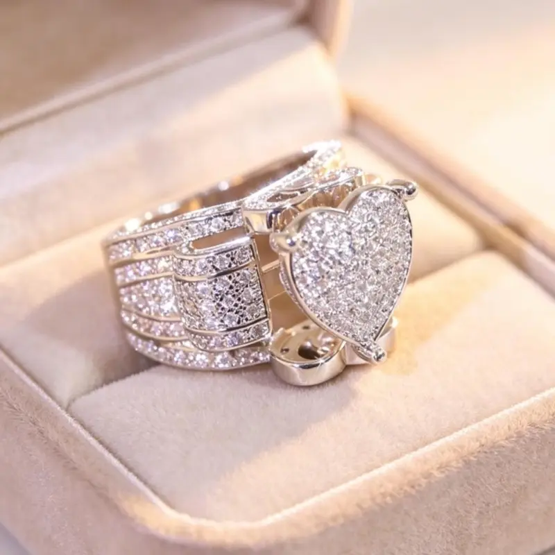 Women's Heart-Shaped Micro-Paved Wide Band Promise Ring - Sparkling Engagement Style Jewelry, Multilayer Romantic Gifts for Women, Jewelry For Women