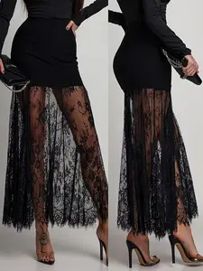 Sexy Sheer Lace Patchwork Dress, High Waist Solid Color Short Skirt with Long Lace Hem, Elegant and Chic Evening Wear