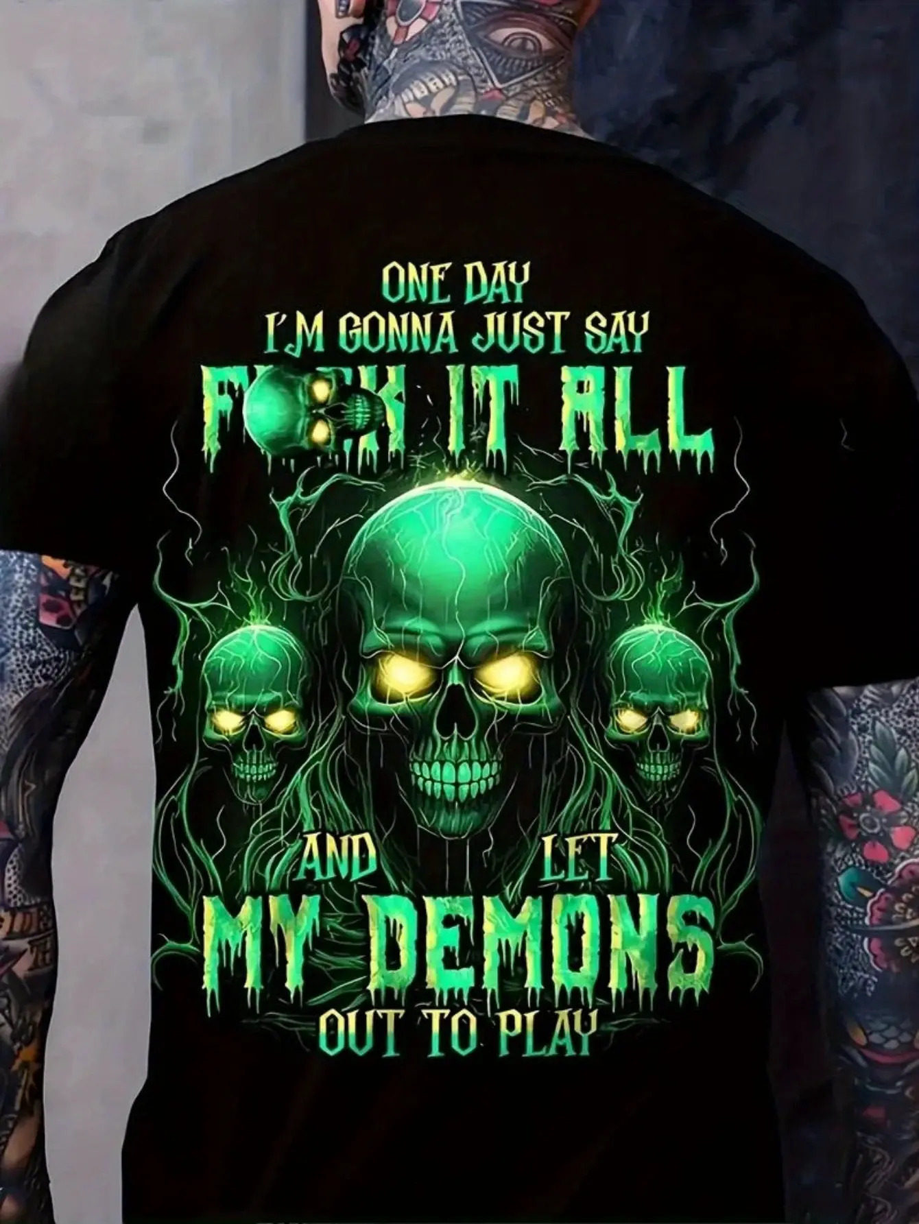 Men'S 3Dskullpattern T-Shirt, Eye-Catching "Letmydemonplay" Print - Black And Fluorescent Green Retro Street Style Short Sleeve Top, Plus Size Regular Fit, All-Season Comfortable Stretch Fabric, Casual Wear, Fashi, Christmasplussize T-Shirts