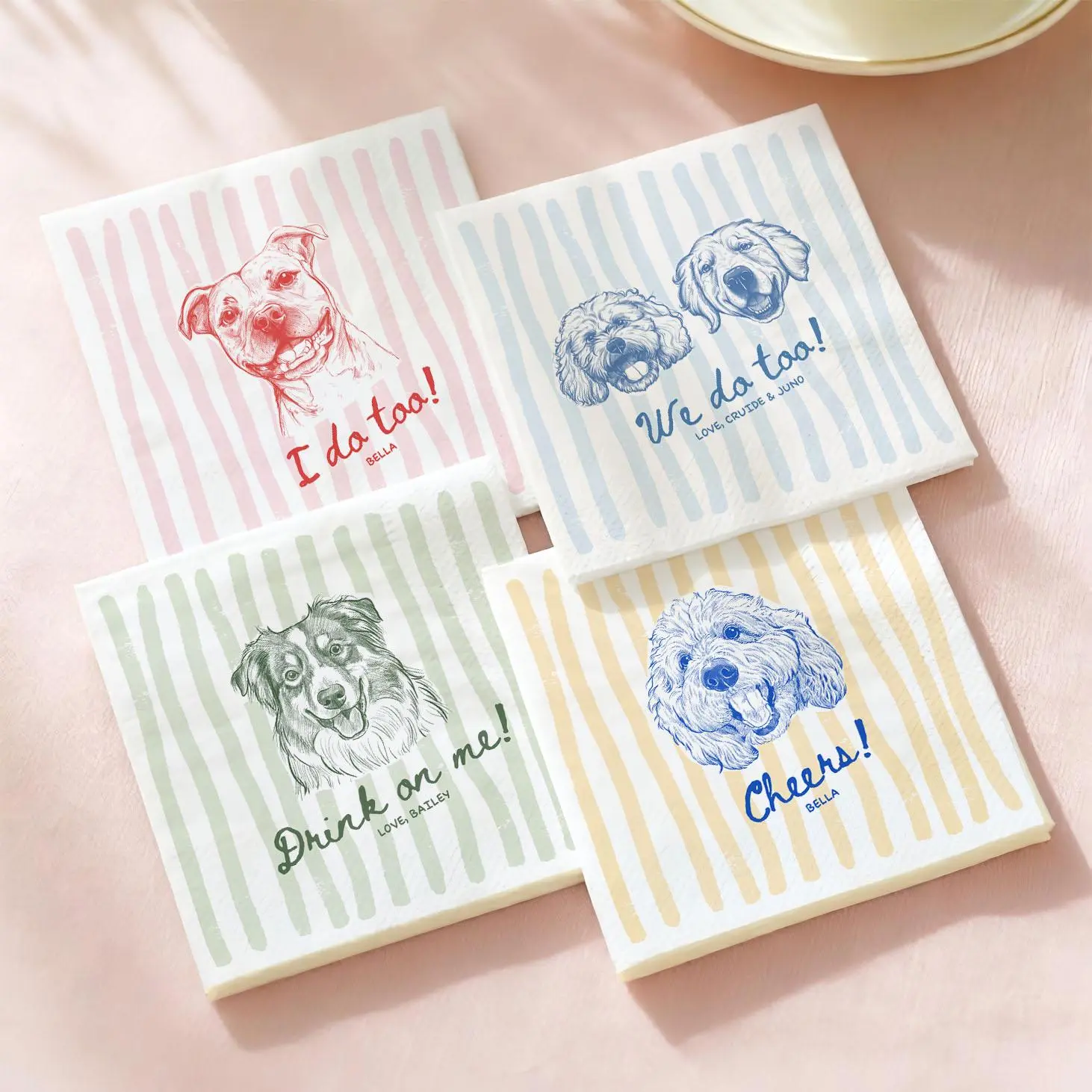 [50 pcs] Custom Pet Napkins for Wedding, Personalized Dog and Cat Portrait from Photo, Dog Cocktail Engagement Serviettes, Pet Cocktail Napkins