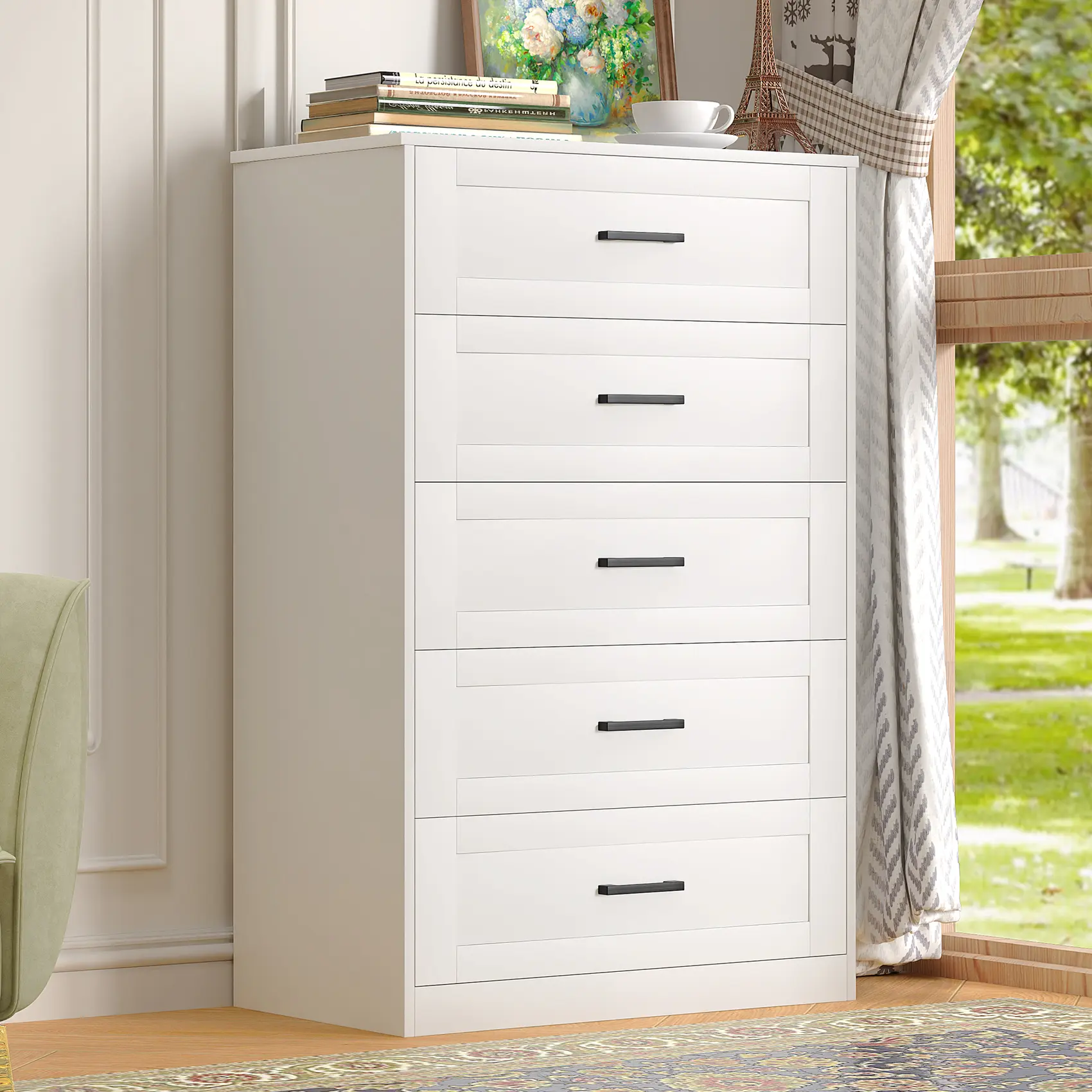 5 Drawer Dresser for Bedroom, White Dresser with Deep Drawers, Modern Tall Dresser Farmhouse Wooden Dresser Chest of Drawers for Living Room, Hallway, Entryway
