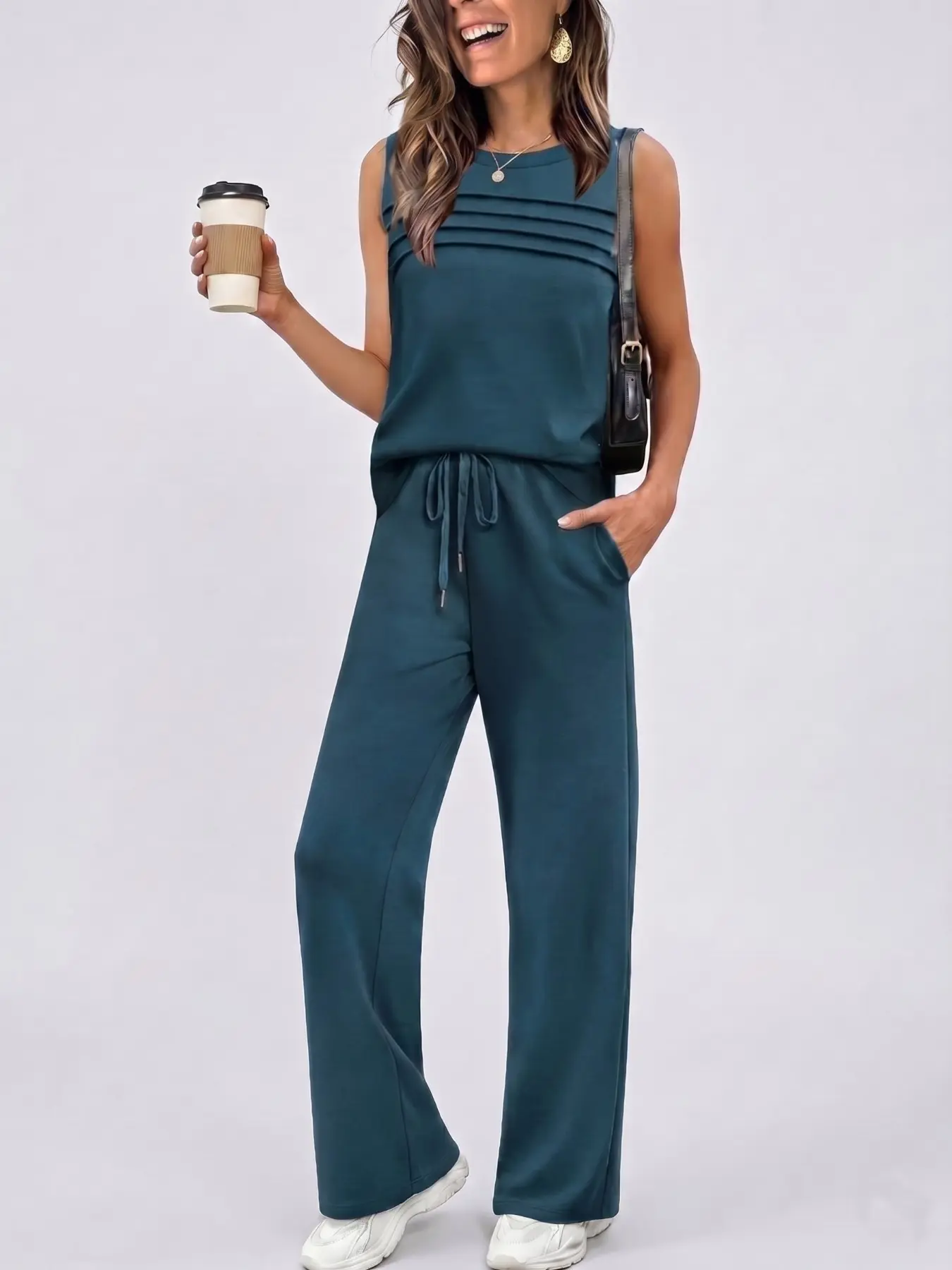 Women's Summer New Casual Basic Minimalist Sleeveless Pleated Top High Waist Tie Long Pants Set Pockets, Outdoor Vacation Slimming Cool Lightweight, Trendy Fashion Ensemble Aesthetic Clothes