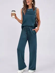 Women's Summer New Casual Sleeveless Pleated Top High Waist Tie Long Pants Set, Outdoor Vacation Slimming Cool, Trendy Fashion Ensemble
