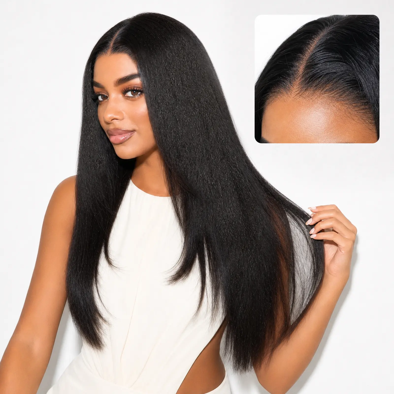 LUVME All-Day Comfort™ Layered Light Kinky Straight Glueless Wig 7x6 Closure Pre-Plucked Pre-Bleached Pre-Cut HD Lace Flicky Blowout