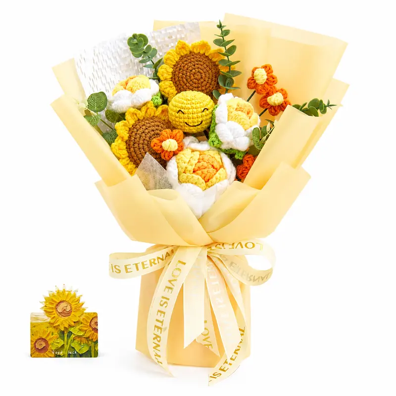 Handmade Crochet Flowers Bouquet Gift Ideas for Gift Season, Yellow Emoji Style Sunflower Rose Forever Flowers, Fall Birthday Anniversary Halloween Friendsgiving Thanksgiving Christmas Gift for Girlfriend Her Mom, Greeting Card Home Decor