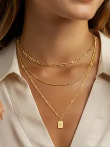 3-Piece Vintage Style Layered Gold Necklace Set for Women, Fashion Gold Plated Paperclip Box Chain Pendant Choker, Stackable Multi-Layer Necklace Jewelry Gift, Perfect Present
