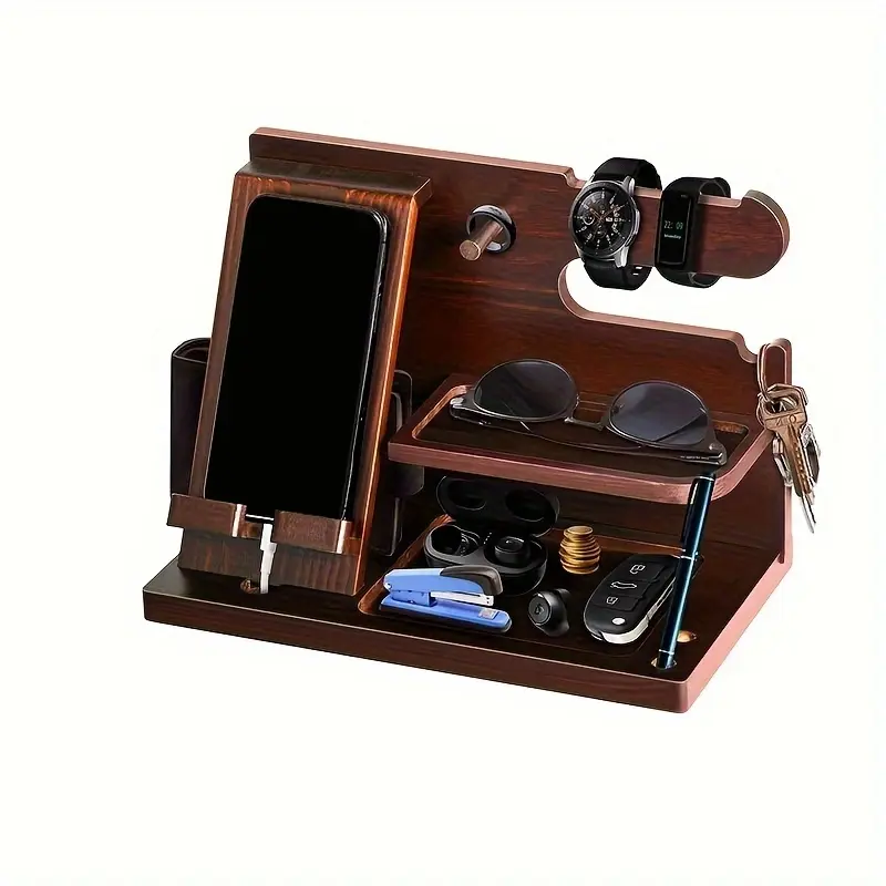 Wood Phone Docking Station Mount for Men, Desk Accessories & Workspace Organizer, Nightstand Organizer, Birthday Gifts for Men or Dad, Multifunctional Phone Stand, Cell Phone Mount, Multifunctional Phone Holder