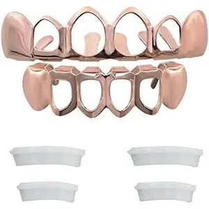 Open Face Grillz Teeth 24k Gold Grillz Plated Caps New Custom Fit Top & Bottom Grill Set for Kids + Extra Molding Bars + Microfiber Cloth