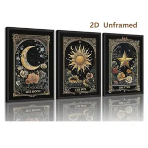 3-piece set, frameless, vintage tarot celestial mural; sun, moon, and star wall art; gothic dark aesthetic floral canvas poster; perfect for living room, bedroom, and home decor