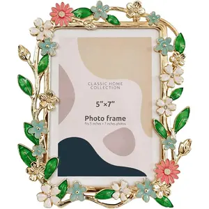 5x7 Picture Frames Gold Flower Photo Frame Blossom Metal Frames Vintage Spring Tabletop Display with Glass Front, Pink Green Floral Home Decor, Gifts for Wedding Anniversary Mother's Day