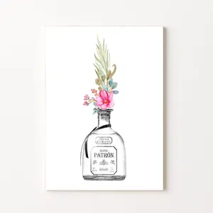 Tequila Print | Bar Cart Decor | Tequila And Flower Art | Patron Tequila Print | Tequila Bar Art | Patron Silver Poster | Alcohol Print Art