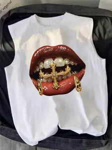 Trendy Unisex Sleeveless Fitted Streetwear T-Shirt, Cool Lip Print Design, Casual Summer Wear, Moderate Fabric Thickness, Knit, Perfect for Parties & Daily Use