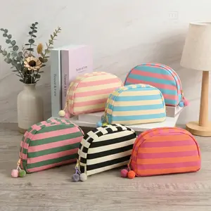 Striped Shell Cosmetic Bag, Aesthetic Makeup Organizer, Trendy Summervibes Daily Essentials Bag，Portable Travel Toiletry Pouch for Women & Girls