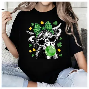 100% Cotton Highland Cow St. Patrick's Day T-Shirt, Lucky Cow & Glasses Tee, St Pattys Day Irish Tee, Shamrock Highland Cow Halftone Western Shirt