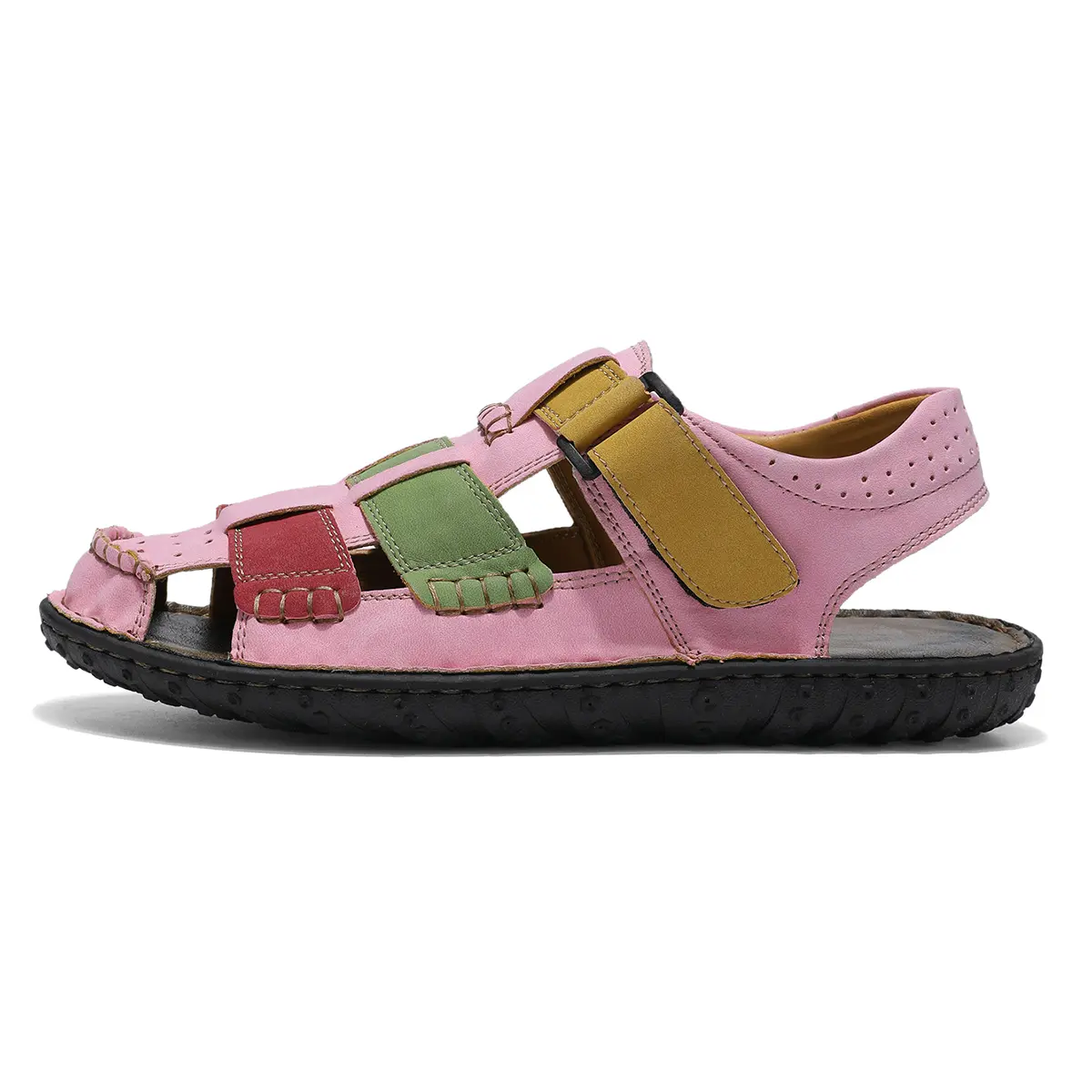 Unisex Color Block Patchwork Closed Toe Sandals, Hand Stitched Vintage Leather Slingback Walking Sandals, Adjustable Buckle Non Slip Soft Rubber Sole Fisherman Sandals For Summer Beach Daily Outdoor