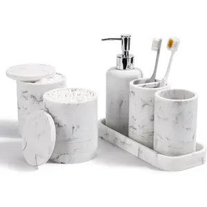 Bathroom Accessories Set, 6-Piece Bathroom Accessory Set, Toothbrush Holders Set, Soap Dispenser, Vanity Tray, Tumbler, Cotton Swab Jars, Bathroom Organizer for Modern Bathrooms (Marble White)