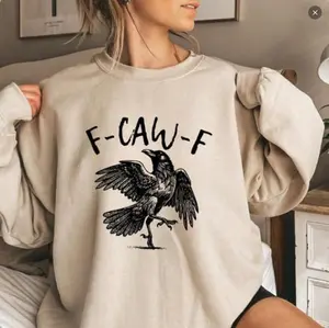Witchy Raven Sweatshirt T-Shirt, bold crow F-CAW-F dark humor graphic, edgy sarcastic unisex fall outfit, trendy TikTok altwear style, perfect for Halloween party, fall festival, pumpkin patch event