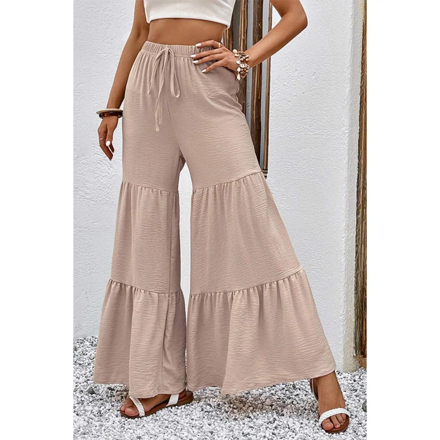 Drawstring Waist Tiered Flare Culottes