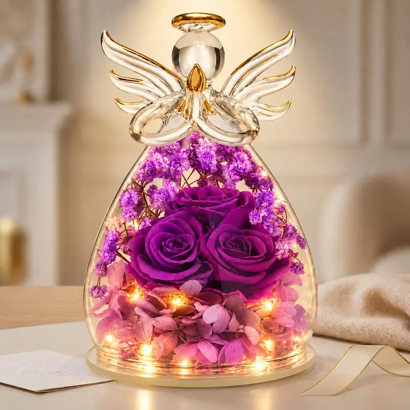 【Real Rose】Decorative Glass Rose Figurine - Preserved Special Rose Angel Ornament, Room Decor Flowers, Mom Wife Birthday & Christmas Gifts for Her