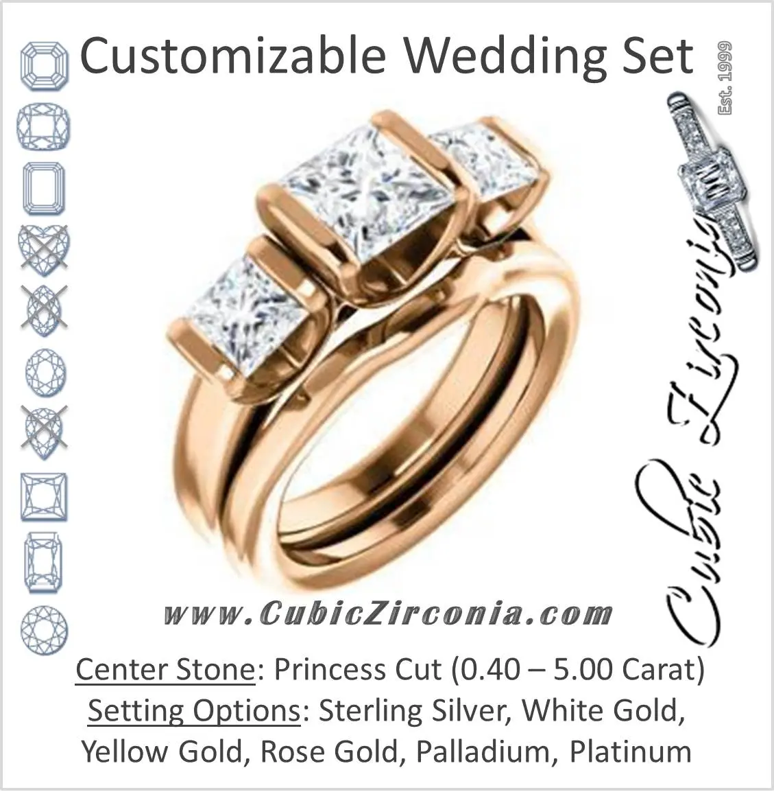CZ Wedding Set, featuring The Nazareth engagement ring (Customizable 3-stone Bar-set Princess Cut Design with Princess Accents)