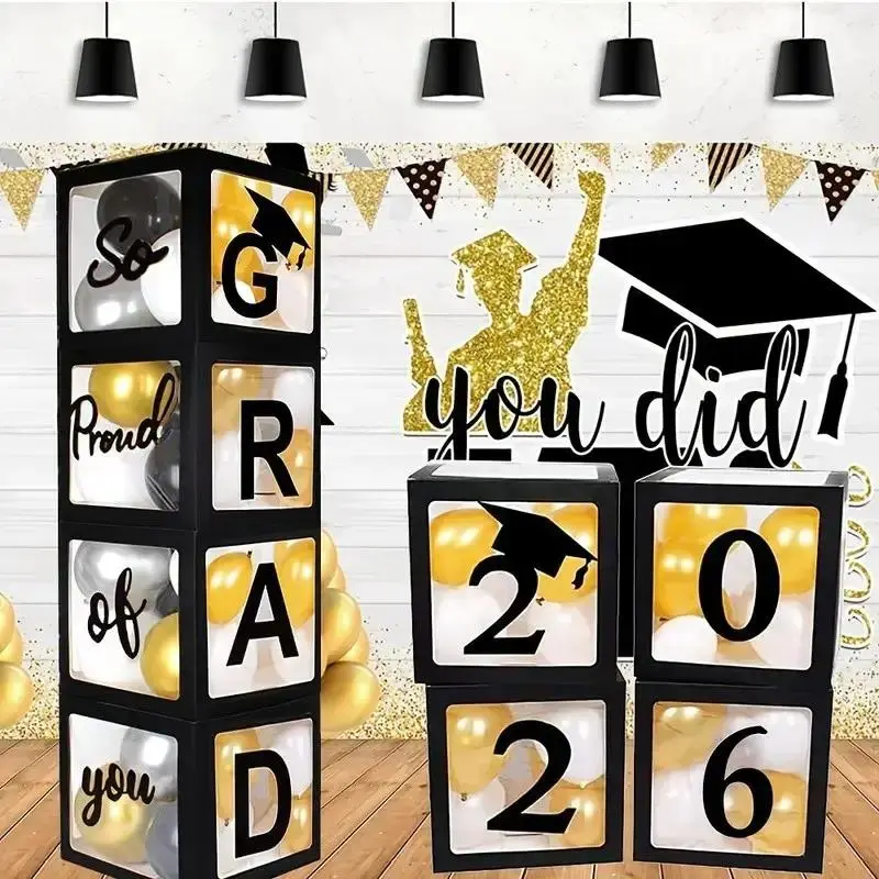 2026 Graduation Party Decoration Set with 4 Boxes, Congratulations Sign, Proud of You Sign, Perfect for Graduation Celebrations, Balloon, Graduation Gift, Graduation Party Supplies