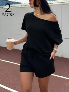 Women's Off-Shoulder T-Shirt + Shorts Set, Casual Loose Fit, 100% Cotton Breathable Fabric, Drawstring Waist, Minimalist Urban Style