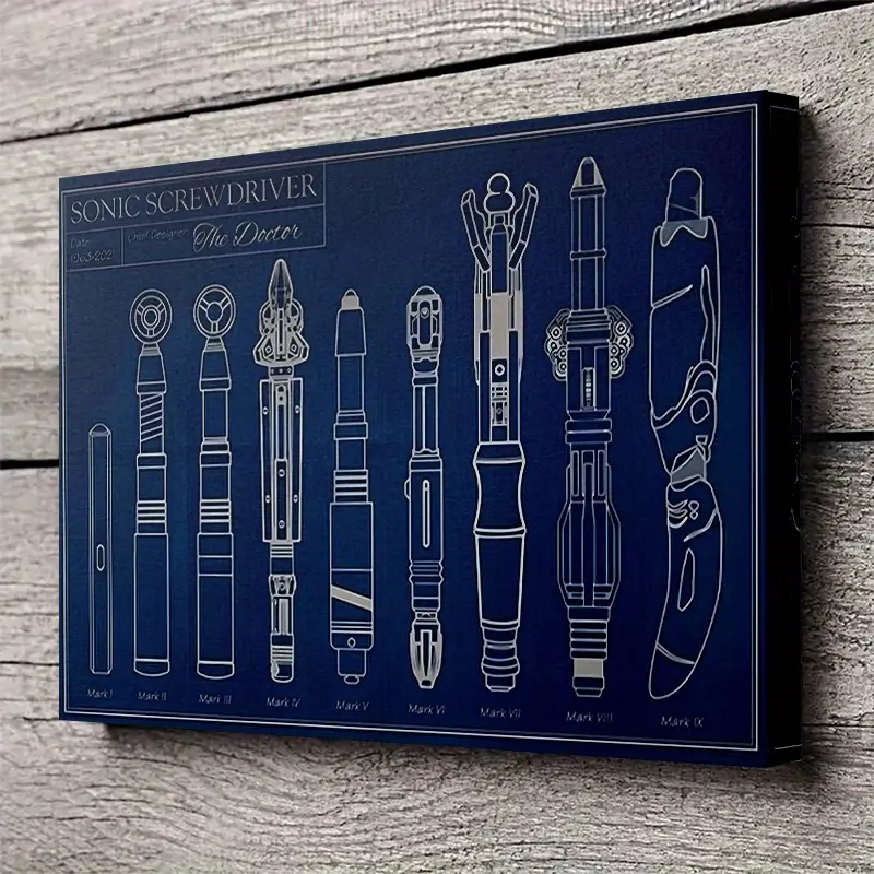 2D Flat, 1 Piece Doctor Who Audio Screwdriver Blueprint Canvas Art Painting - Season 9 Collection Wall Decoration, Graphic Prints, Cool Wall Art, 29.97x 39.88cm , Fan Exclusive Line Art, Technology-Inspired Design, Perfect for Home and Office Display