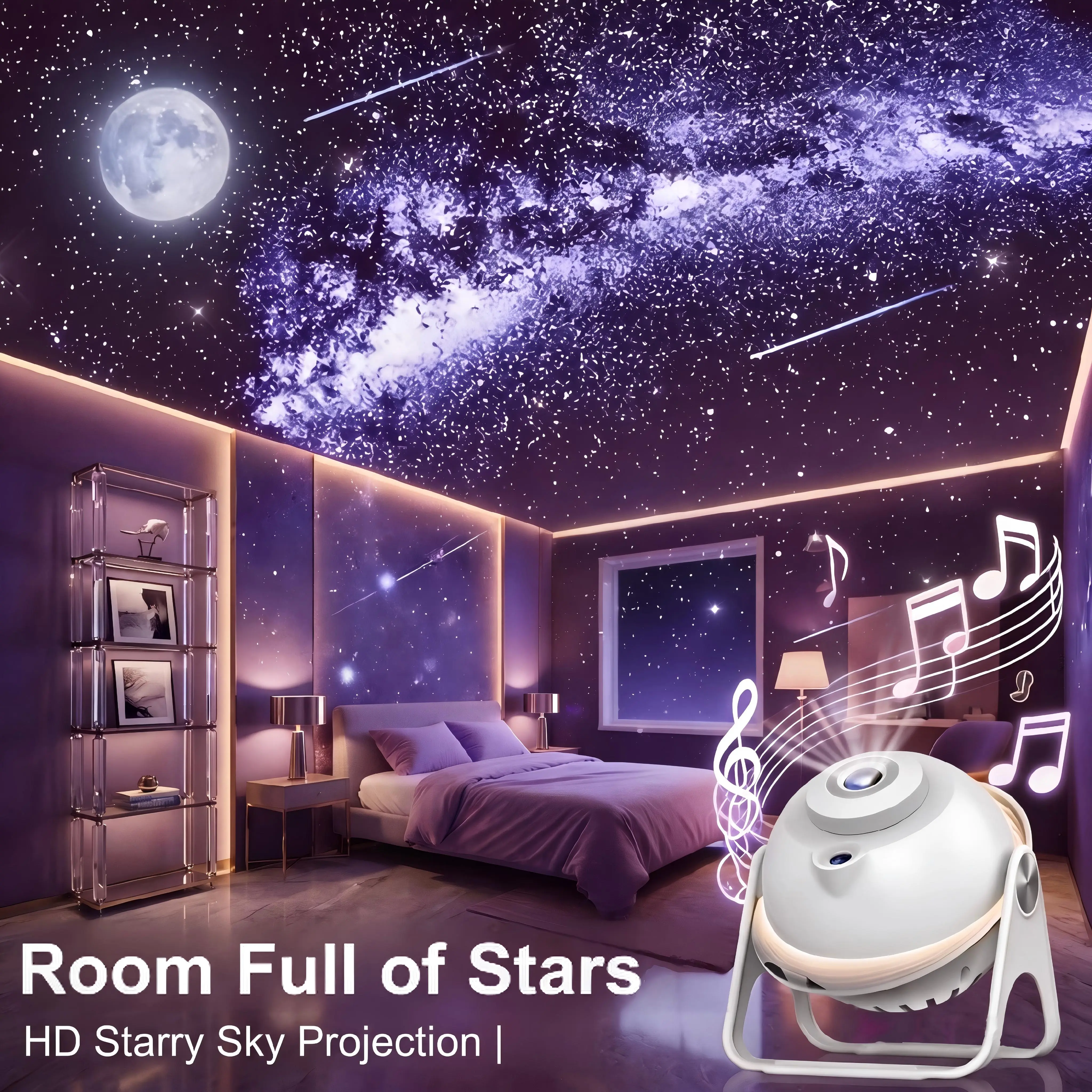 YOUKELUX-M Rechargeable Galaxy Projector with Bluetooth Speaker & 20 White Noise Music for Bedroom,Auto Timer,13 Free Additional Films for Different Mood,Moving Meteor,Remote Control,Night Light Star Projector