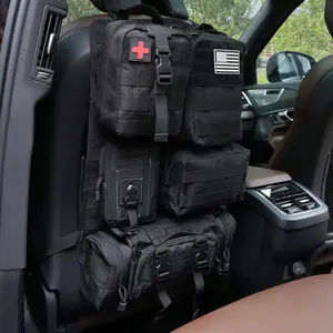 Molle Seat Back Organizer Full Webbing Pad with 1 Medical Kit Bags Universal Tactical Car Back Seat Organizer Bag 4-piece Vehicle Organizers Panel Storage Bag with Multi-Pocket