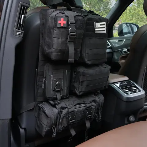 Universal Tactical Car Back Seat Organizer, 4-Piece Car Interior Stowing Accessories with Full Webbing Pad, 1 Medical Kit Bag & Multi-Pockets for Vehicle Storage Needs