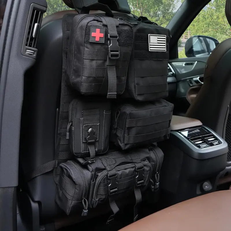 Universal Tactical Car Back Seat Organizer, 4-Piece Car Interior Stowing Accessories with Full Webbing Pad, 1 Medical Kit Bag & Multi-Pockets for Vehicle Storage Needs