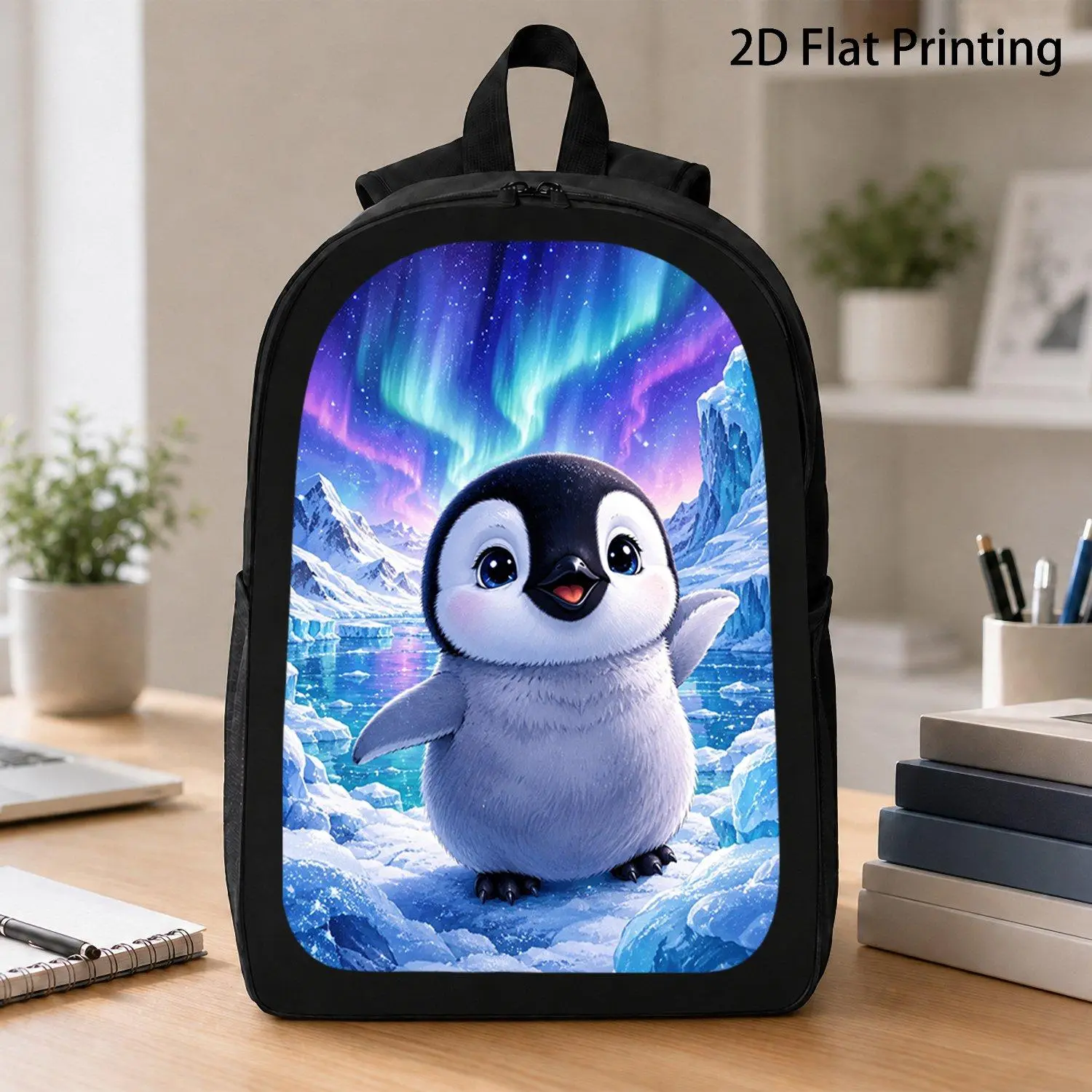 17 Inch Backpack Large Capacity Laptop Backpack Fashionable Daily Backpack Featuring Adorable Baby Penguin Under Aurora Borealis Antarctic Iceberg Print Trending Arctic Animal Pattern Ideal For Young Collectors