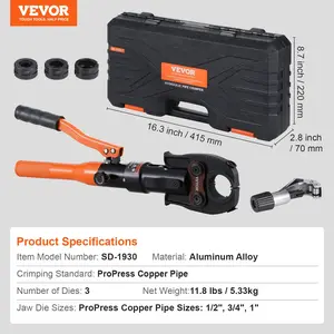 VEVOR Copper Pipe Crimping Tool, Hydraulic Driven Press Tool with 1/2, 3/4, 1 Jaws, Copper Tube Fittings Pipe Crimpers for Narrow Spaces and Tee Fittings