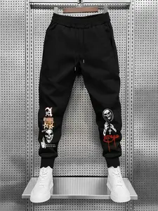 Men's Dark Cool Skull Print Jogger Pants, Loose Fit with Cuff Design, Casual Style, Geometric Pattern, All Seasons
